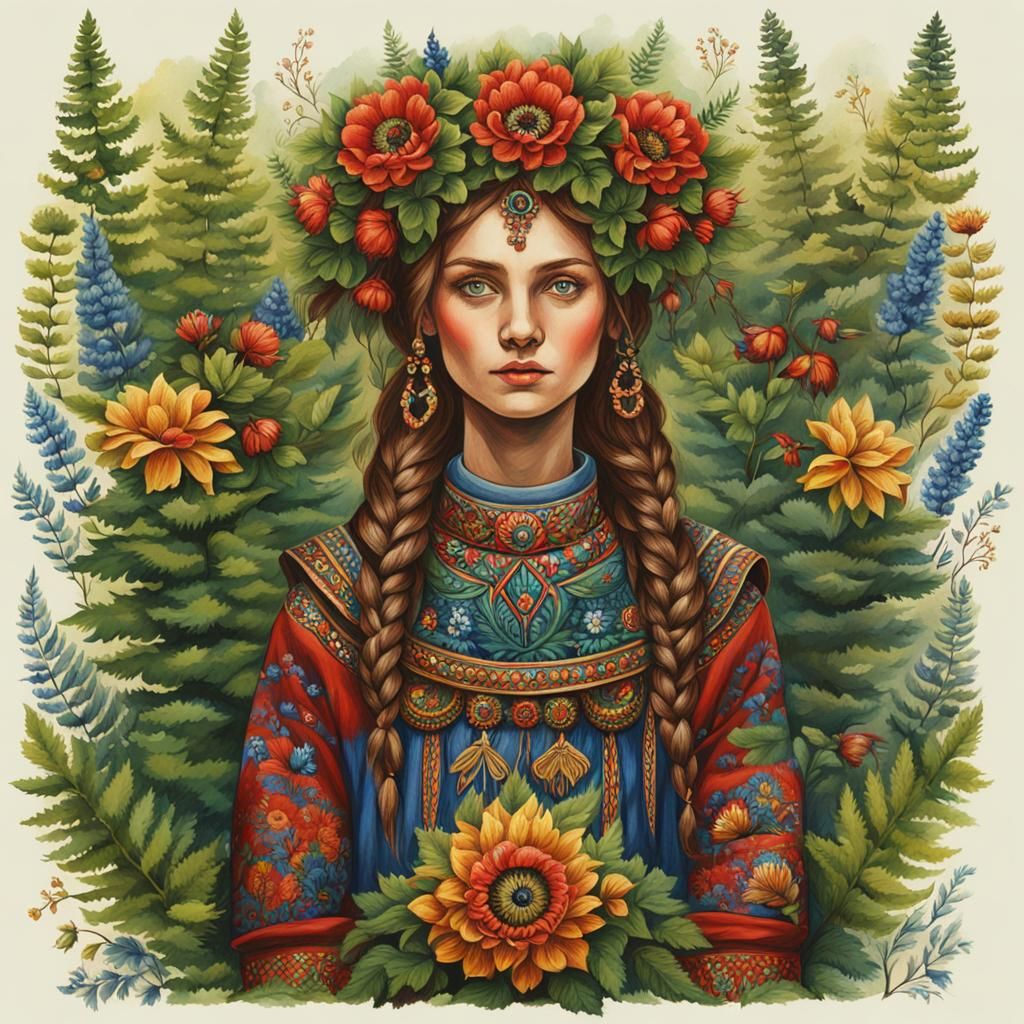 Ukrainian Witch in Summer Forest: Ethnic Folklore Art