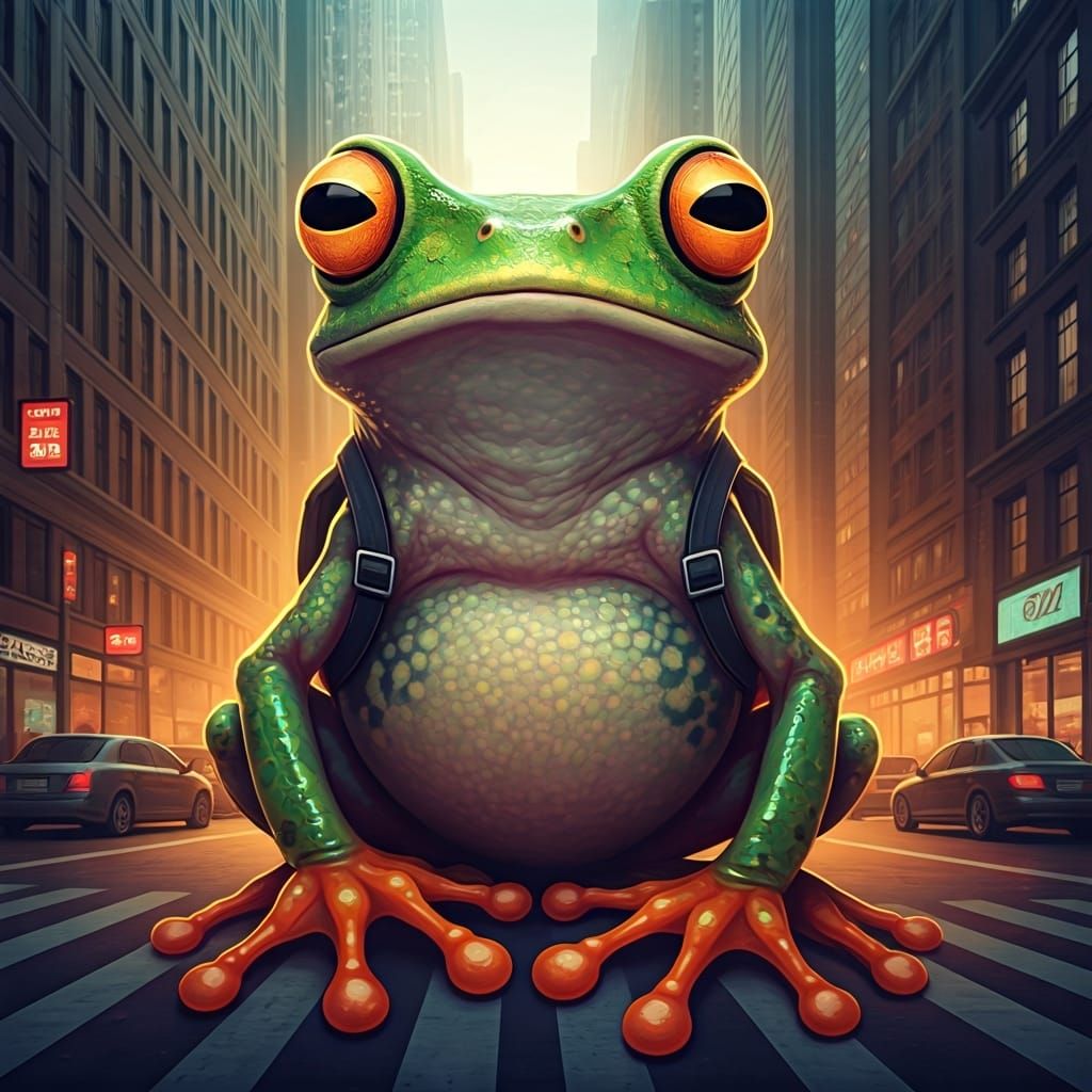 Frog Adventurer in a Vibrant Cityscape