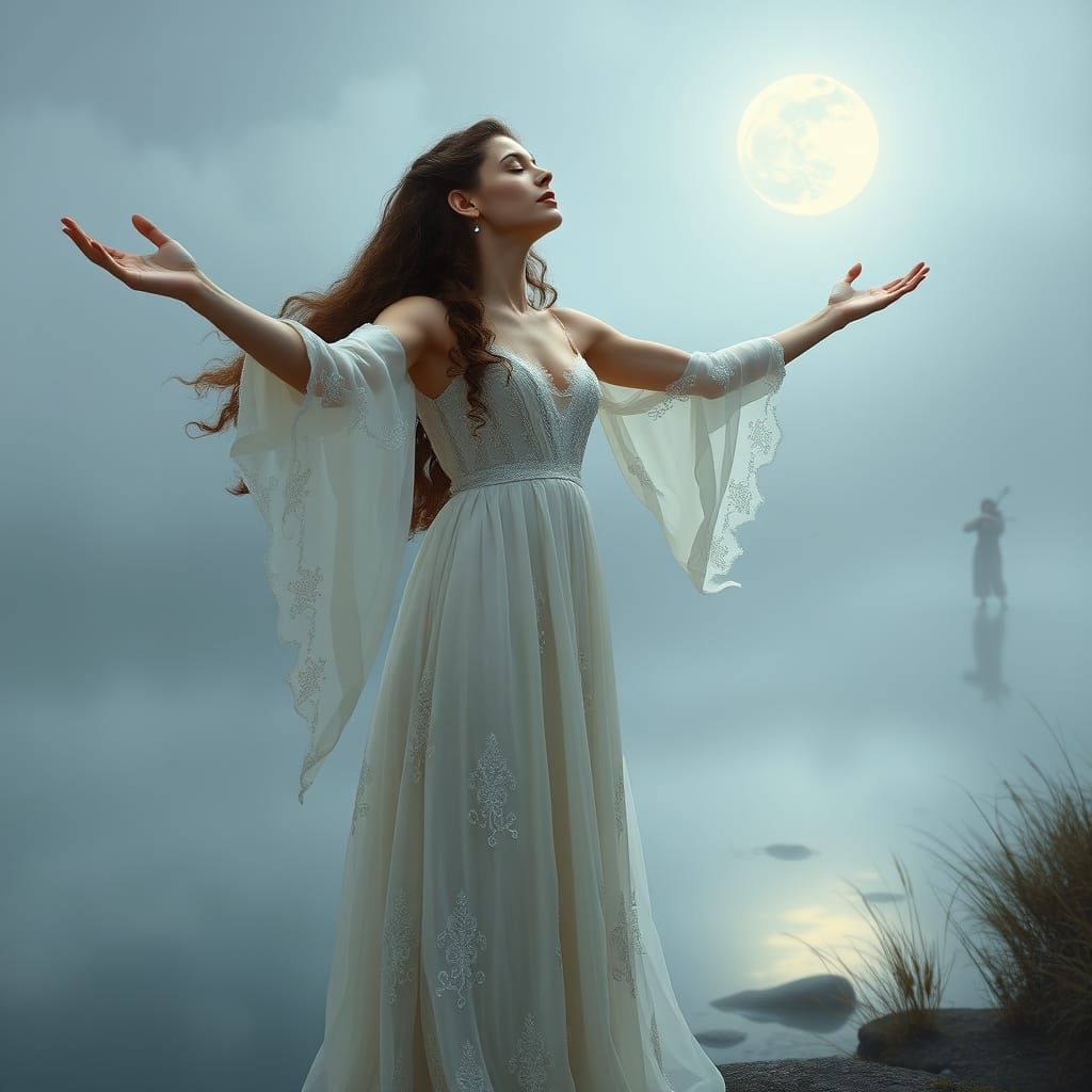 Dreamy Moonlit Moment of Serenity by a Shimmering Lake