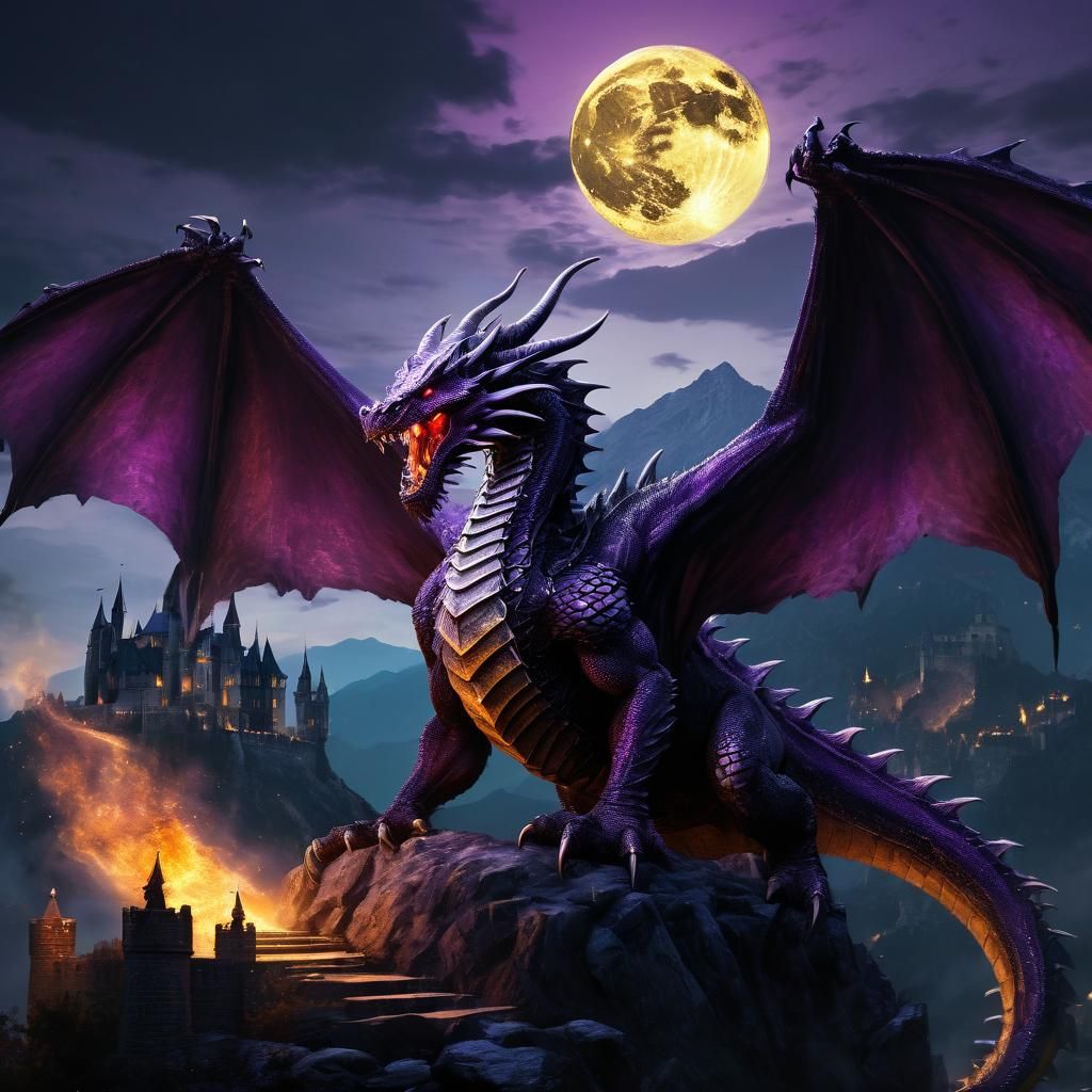 Epic Dragon Breaths Fire Above Medieval Castle