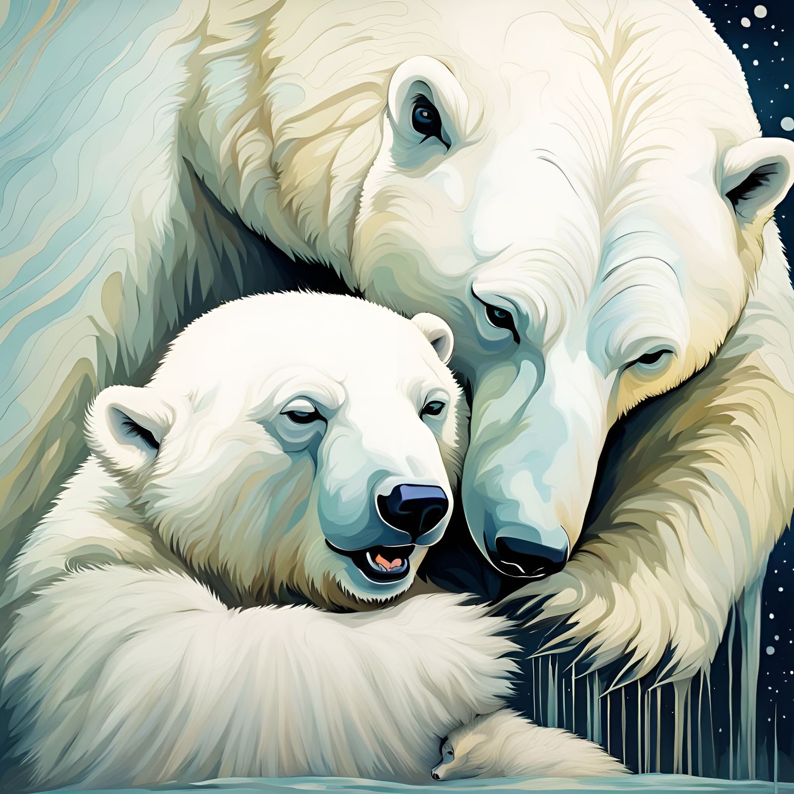 Sorrowful Polar Bear Mother and Cub in Abstract Art