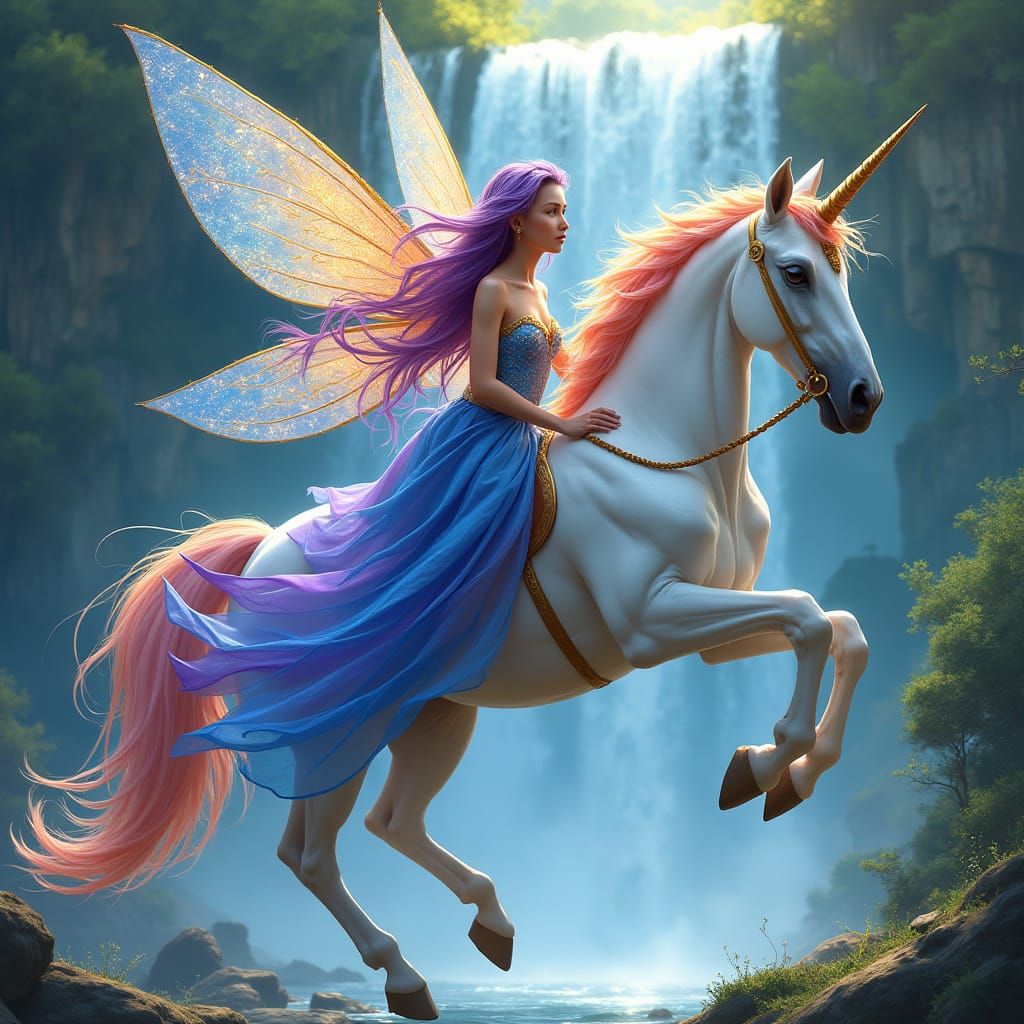 Fairy Riding Unicorn Through Waterfall: Fantasy Art