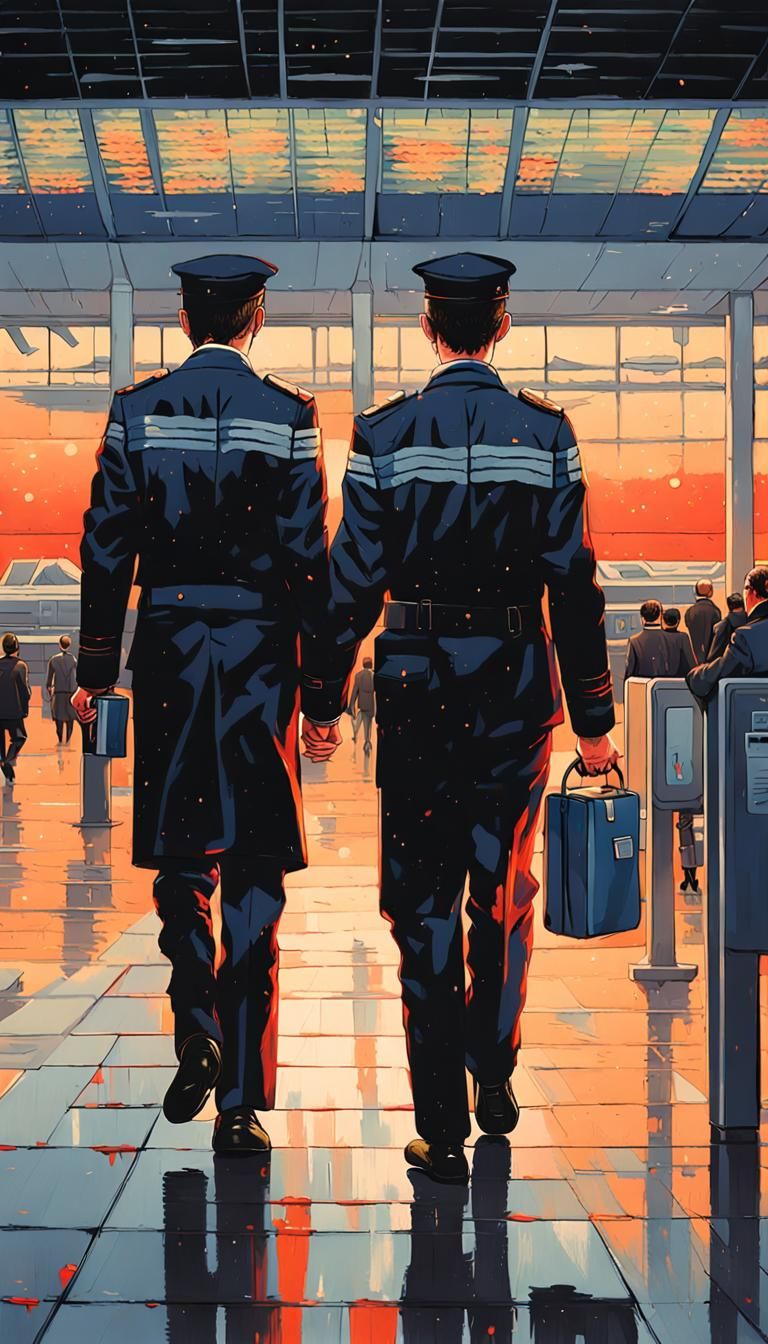 Cute Gay Couple in Airport, Oil Painting Style