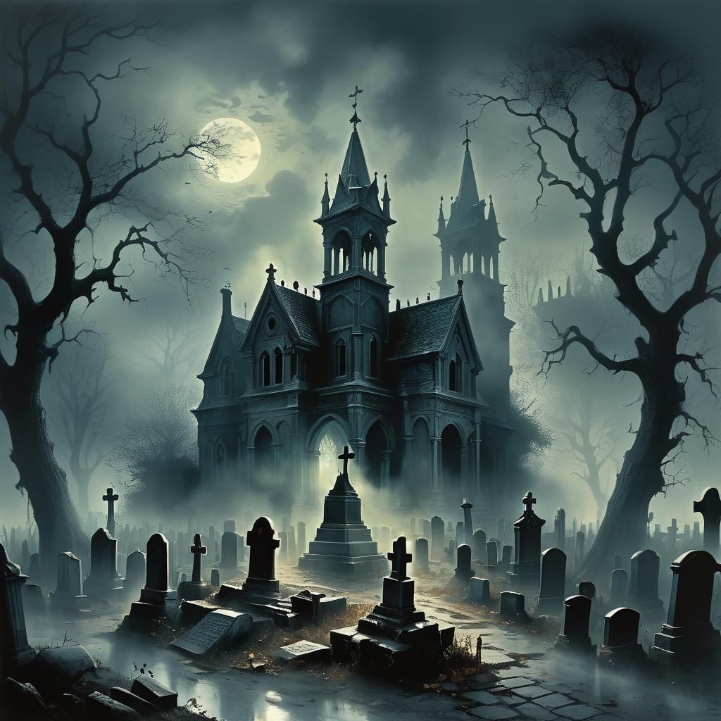 Misty Cemetery Haunted House: Gothic Horror Art