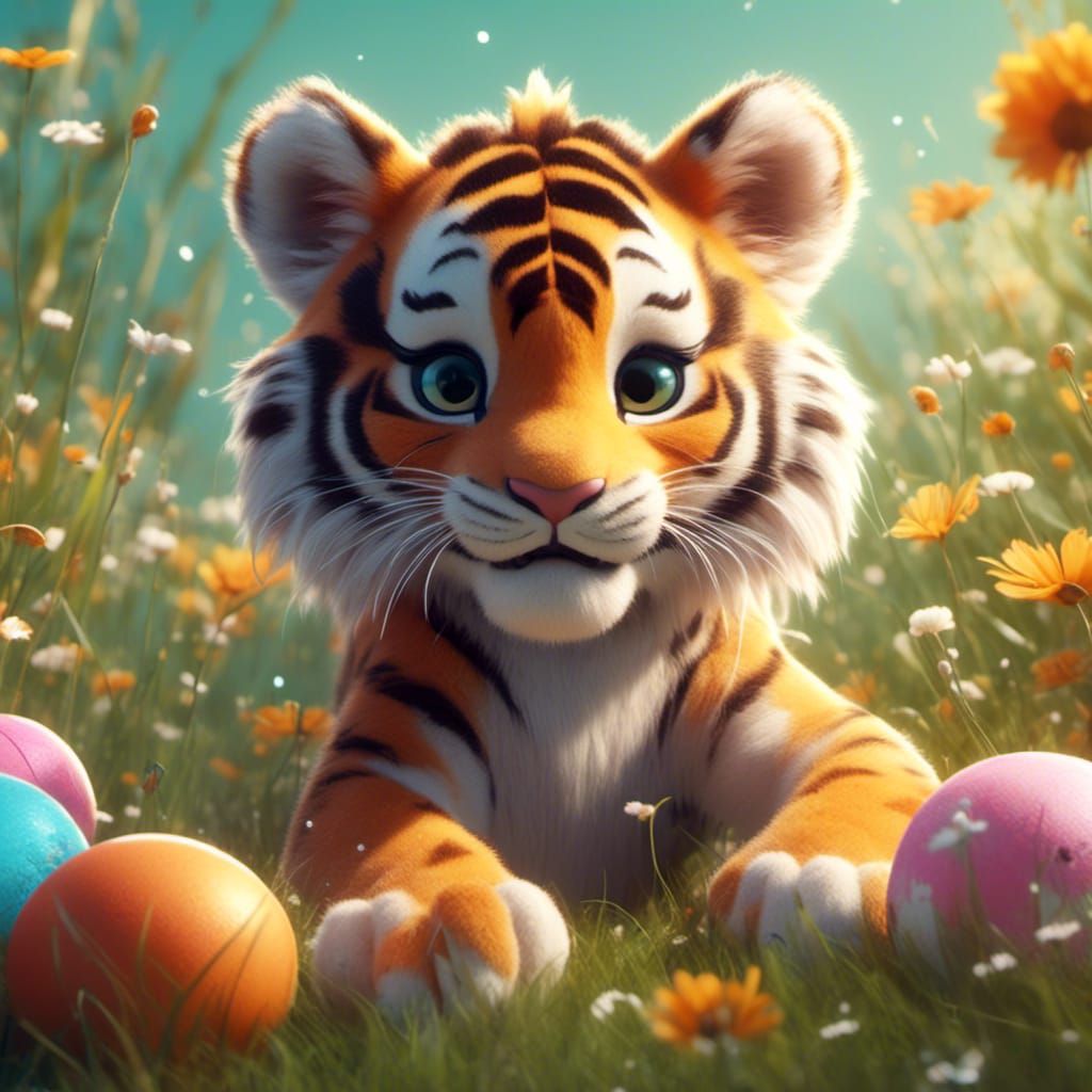 Anime Tiger Cub Portrait in Pastel Meadow
