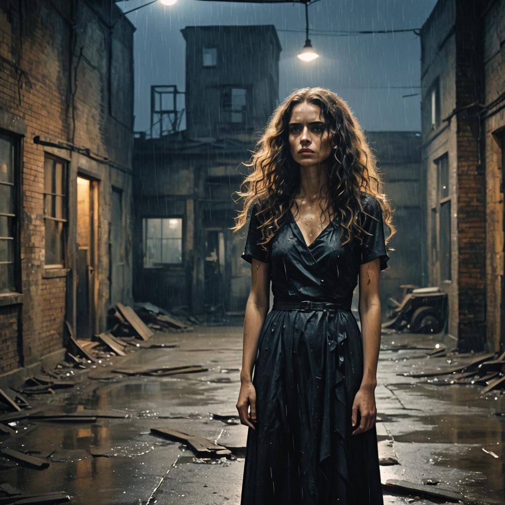 Film Noir: Woman in Abandoned Warehouse in the Rain
