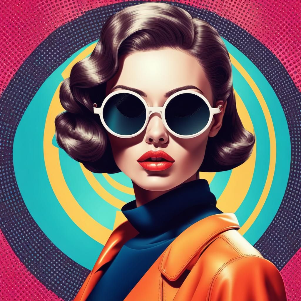 Fashion retro futuristic girl on background with circle pop art background. Woman in sunglasses in surrealistic