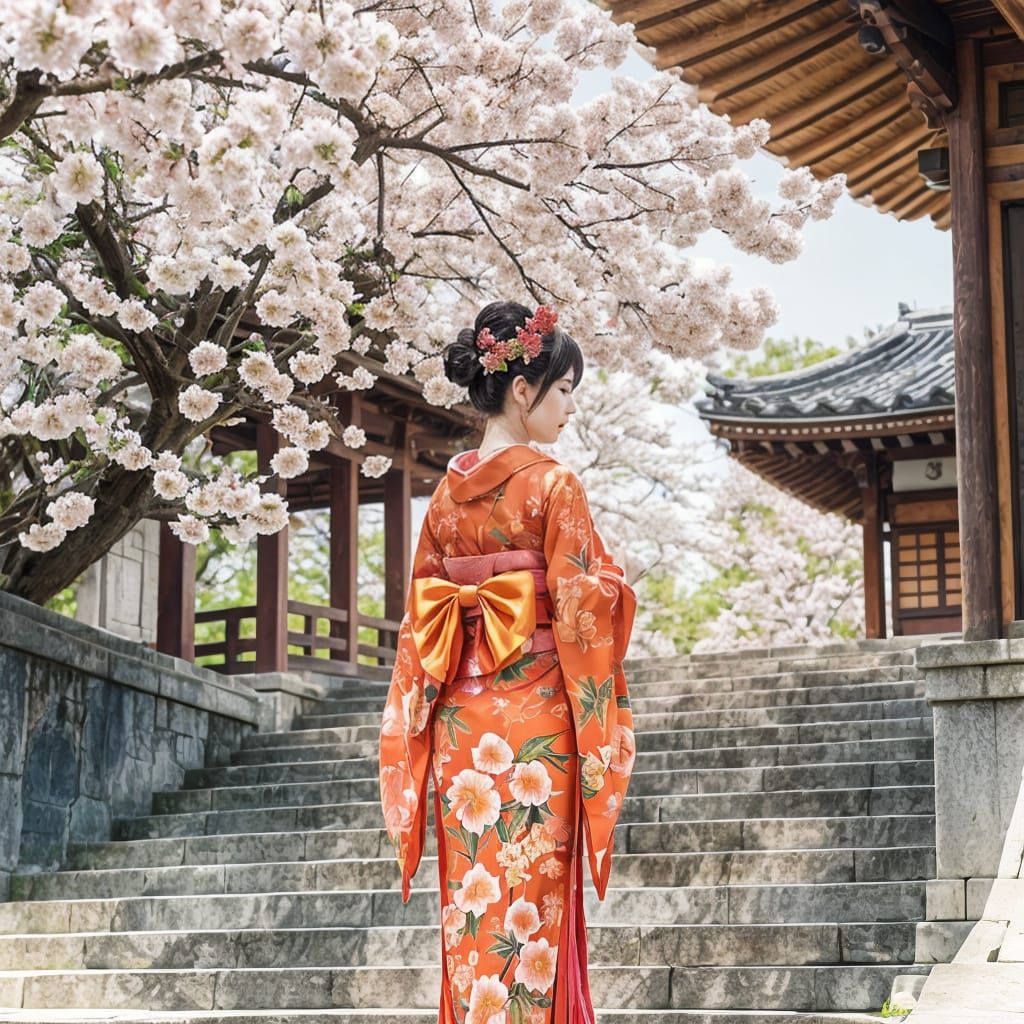 Traditional Japanese Temple Amidst Cherry Blossom Trees in S...