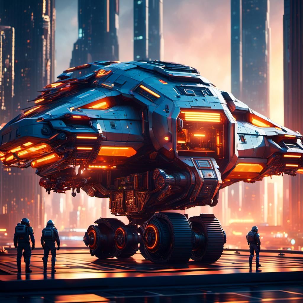 Futuristic Cargo Spaceship on Landing Pad