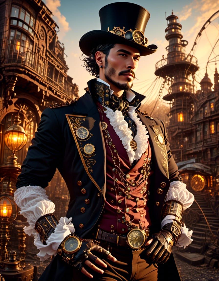 Steampunk Gentleman Portrait with Crystals and Bioluminescen...