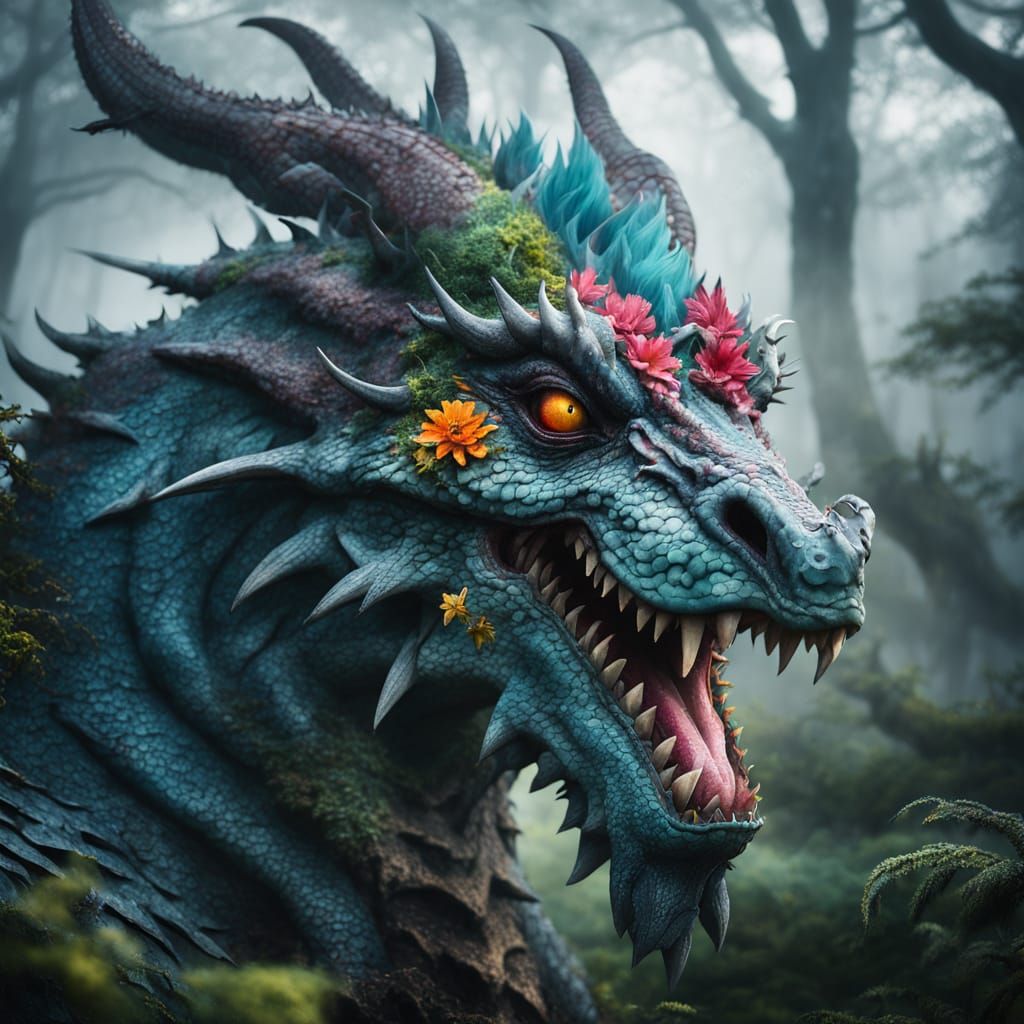 Massive Dragon Head in Misty Forest with Fantastical Flowers