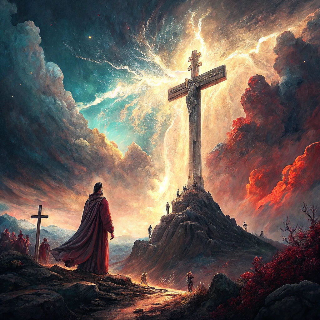 Majestic Cross Pierces Turbulent Sky as Matte Painting