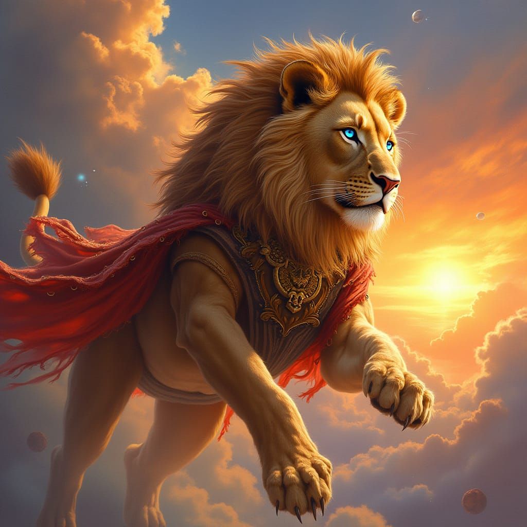 Galactic Lion Soaring Through Sunset Sky