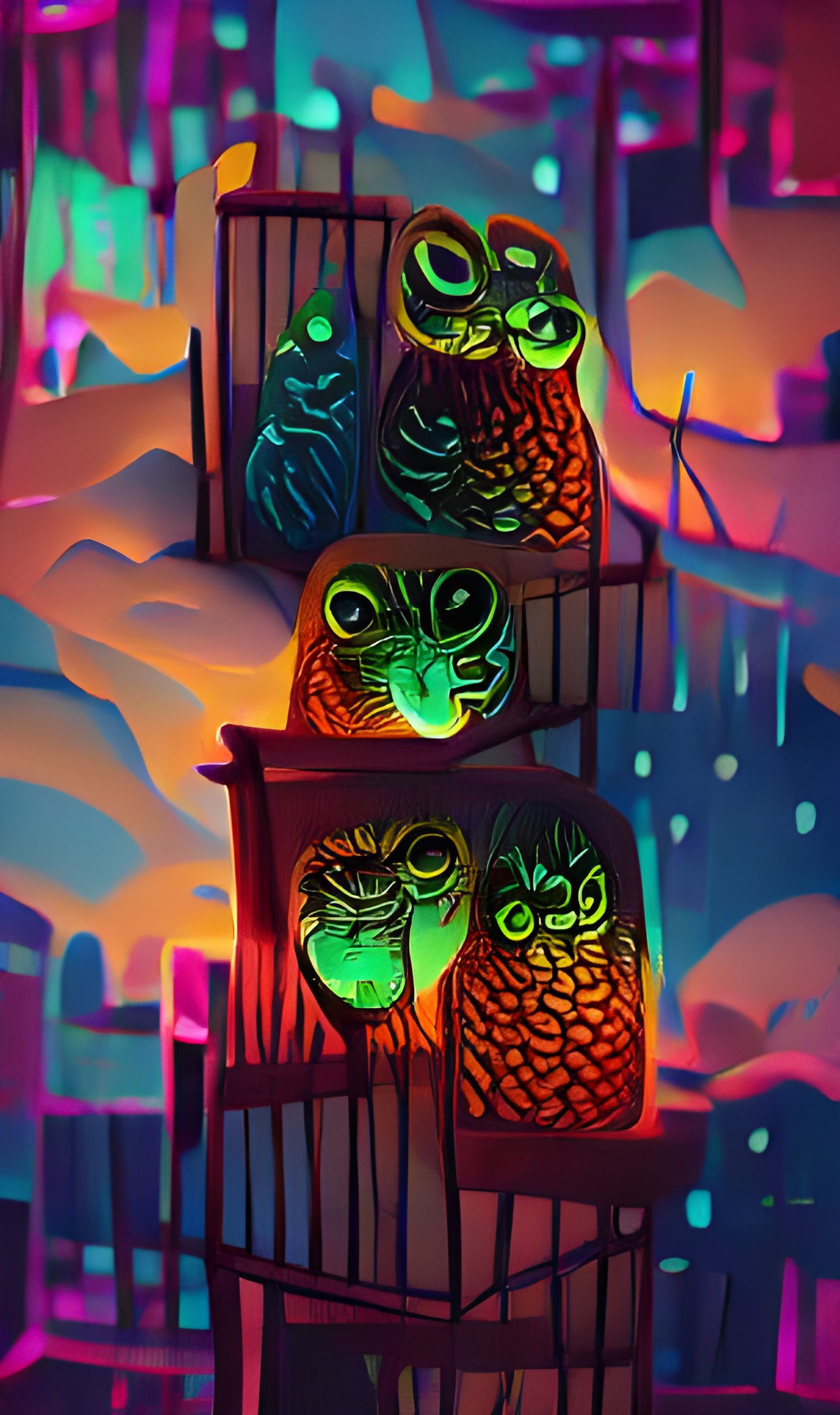 Neon Iridescent Owls in Volumetric Lighting