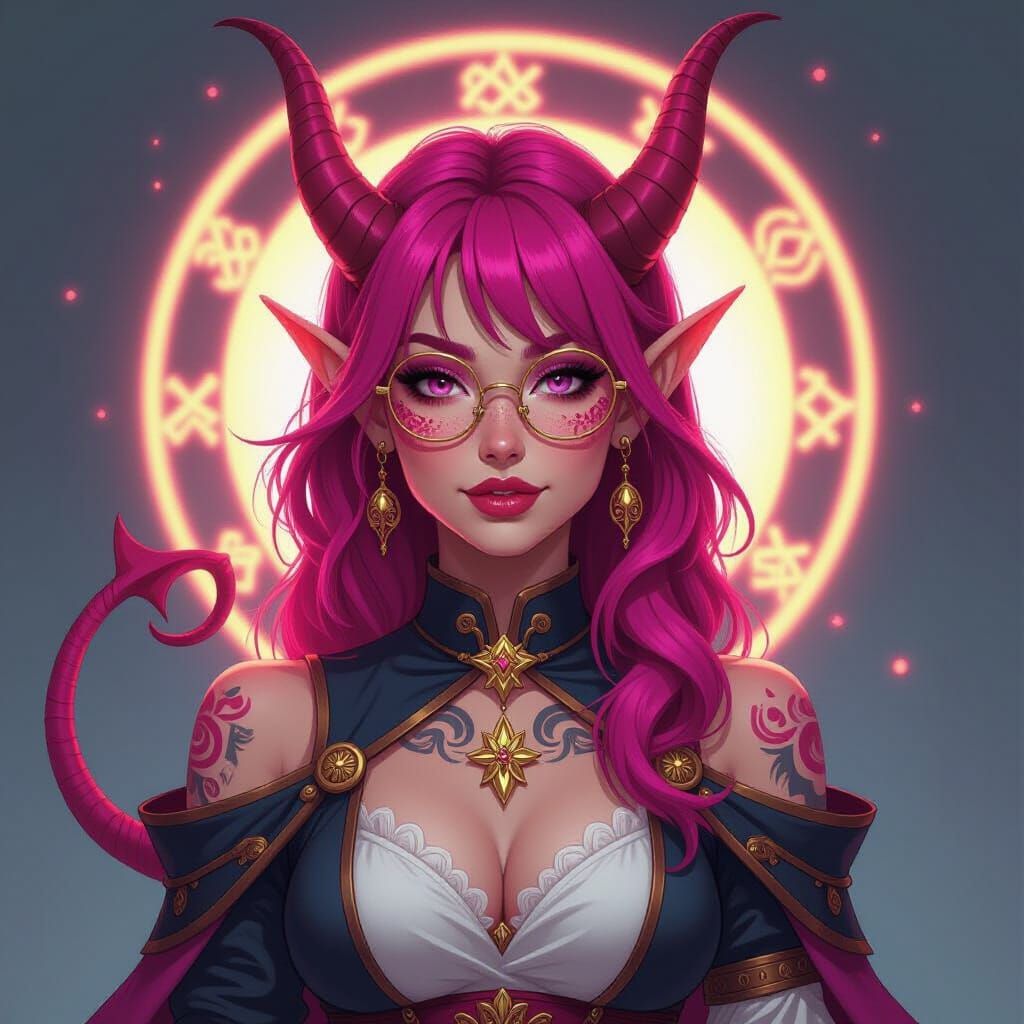 Pink Tiefling Cleric with Tattoos and Spade Tail in High Fan...
