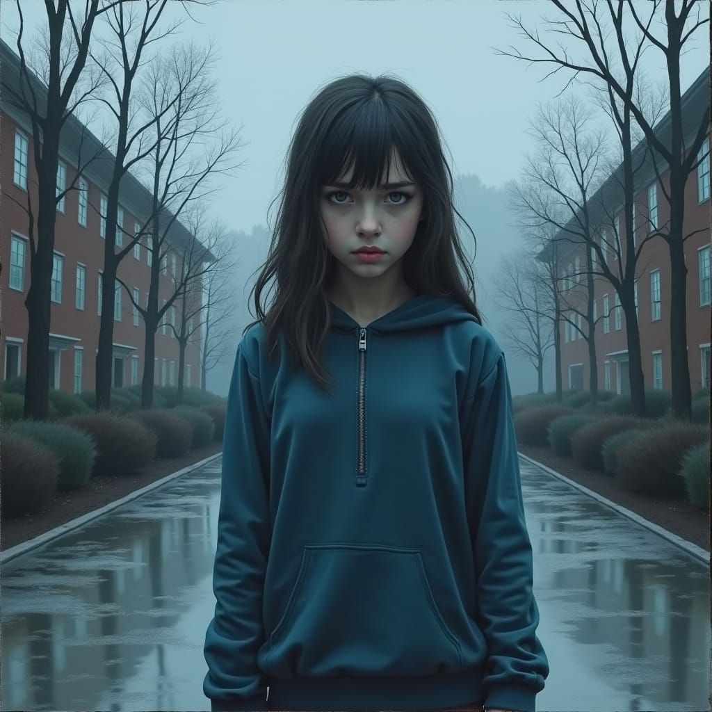 Anxious College Girl Painting with Somber Undertones