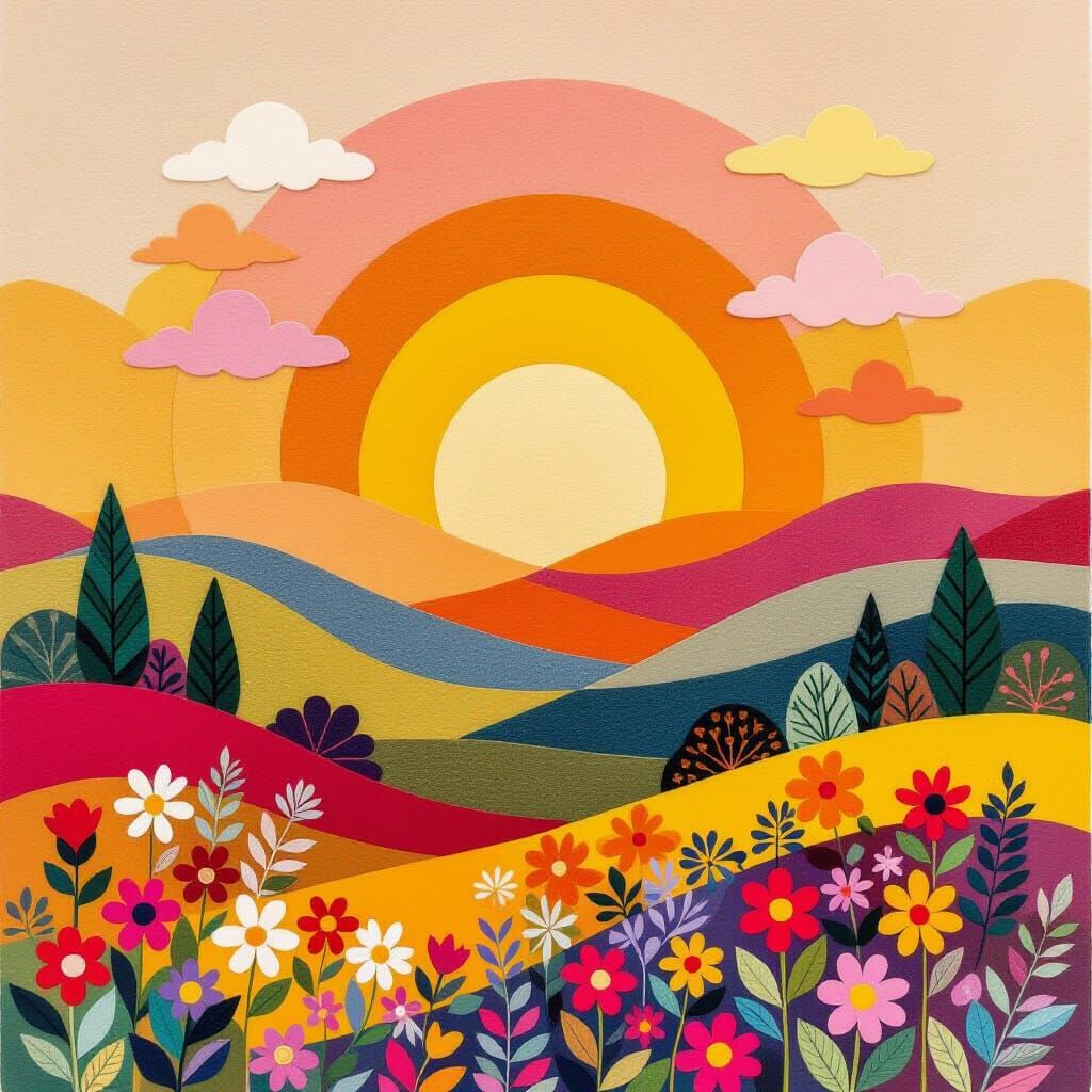Vibrant Felt Sunset in Avant-Garde Textile Art Style