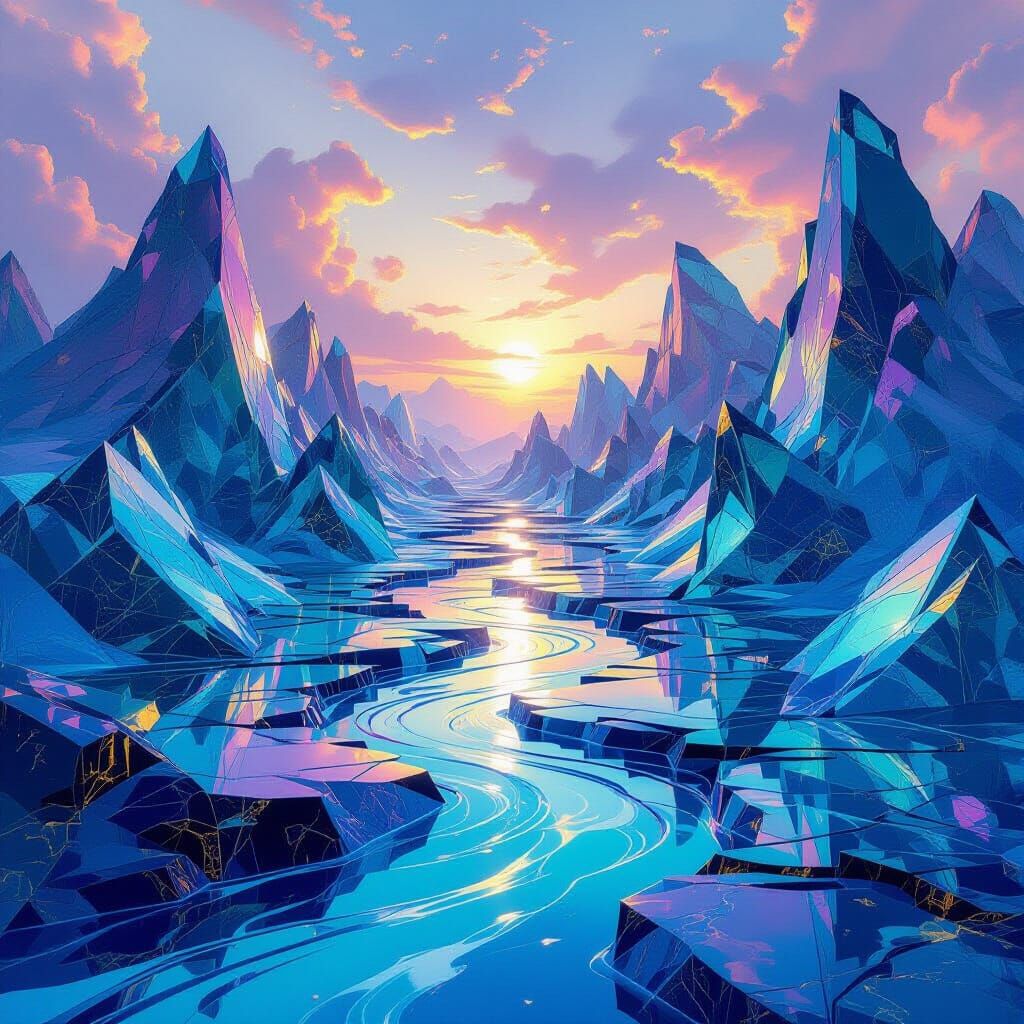 Surreal Molten Metal Landscape with Glass Mountains