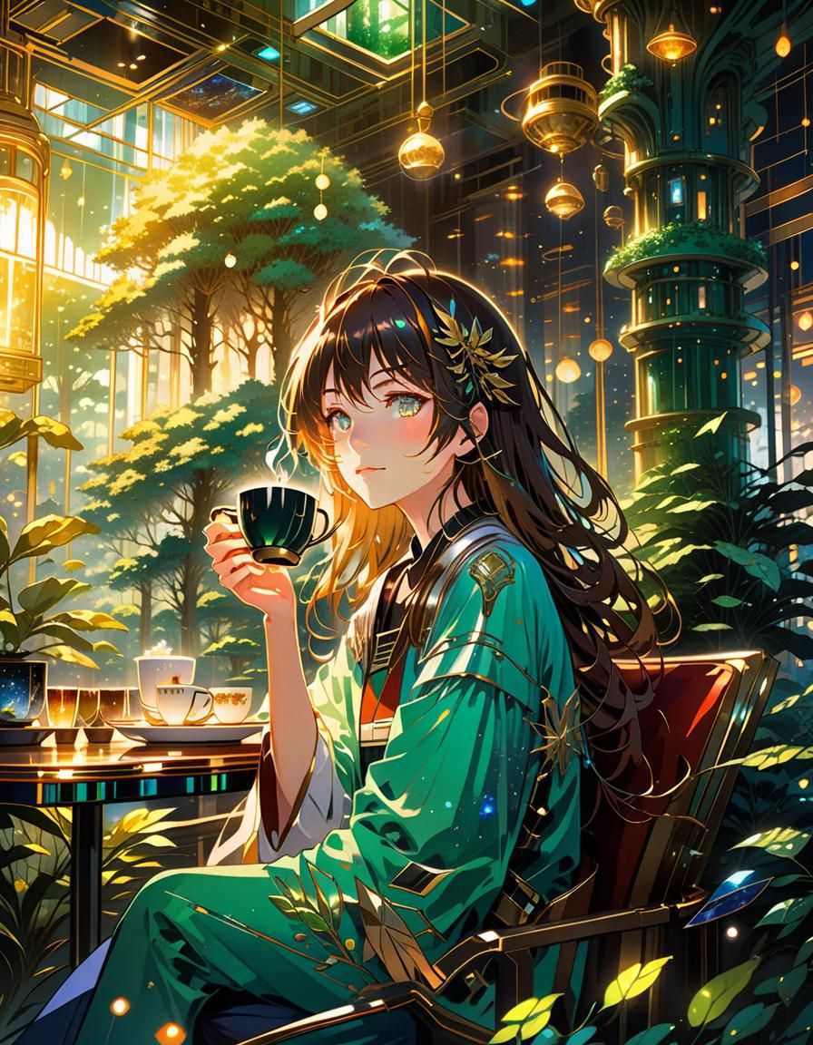 Anime Girl in Bioluminescent Forest: Stained Glass Style