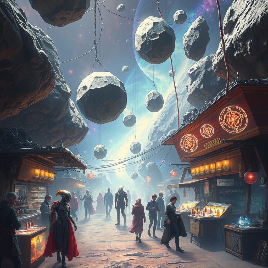 Cosmic Bazaar Floating in Space with Alien Merchants