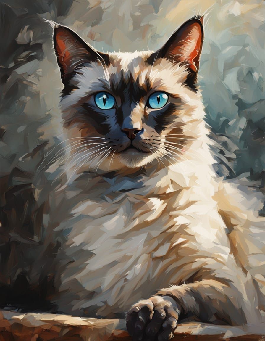 Vibrant Siamese Cat in Intimate Oil Painting Setting