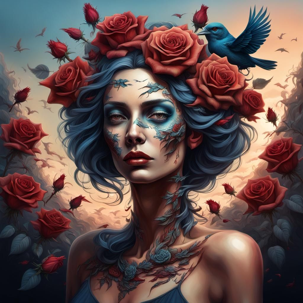Eerie Surreal Portrait: Woman with Roses and Skull