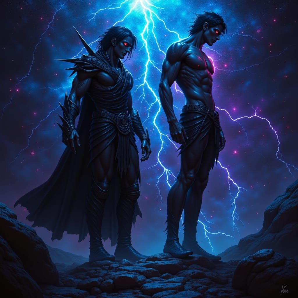 Androgynous Figure in Cosmic Landscape with Guardian