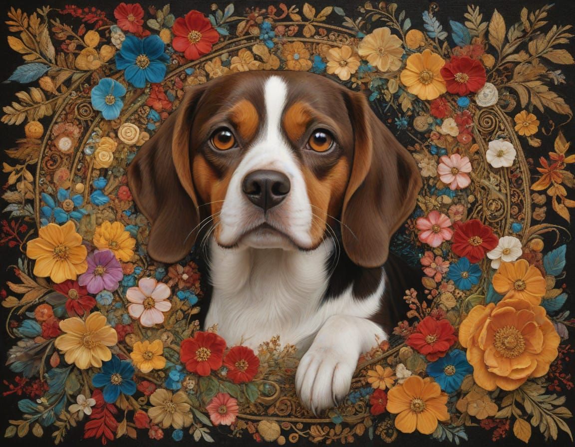 Majestic Brown and Black Beagle in Vibrant, Dreamlike Scene