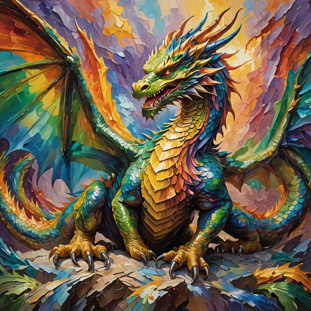 Majestic Dragon Unfurls Wings: Neo-Impressionist Oil Paintin...