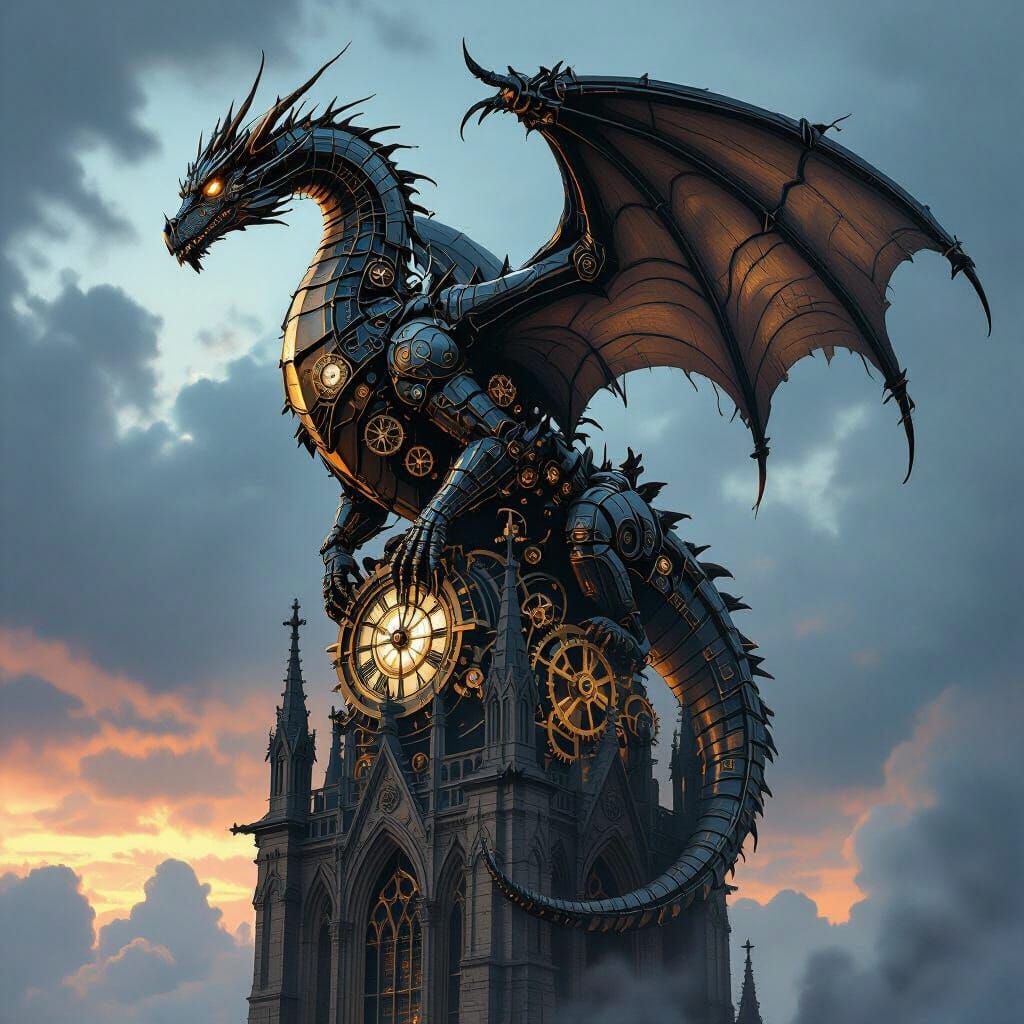 Clockwork Dragon on Gothic Spire in Stormy Twilight