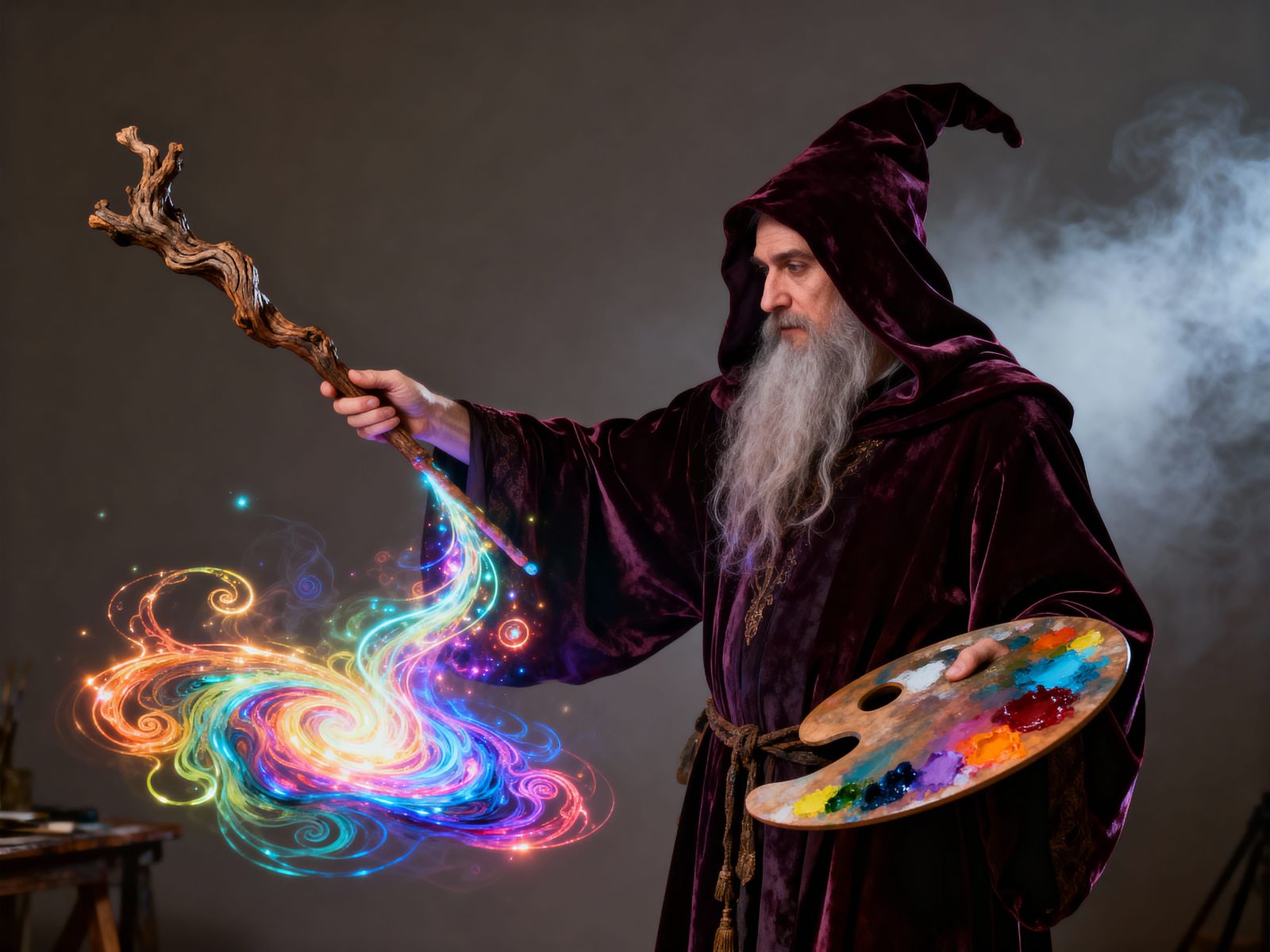 Wizard Artist Magically Painting with Vibrant Colors