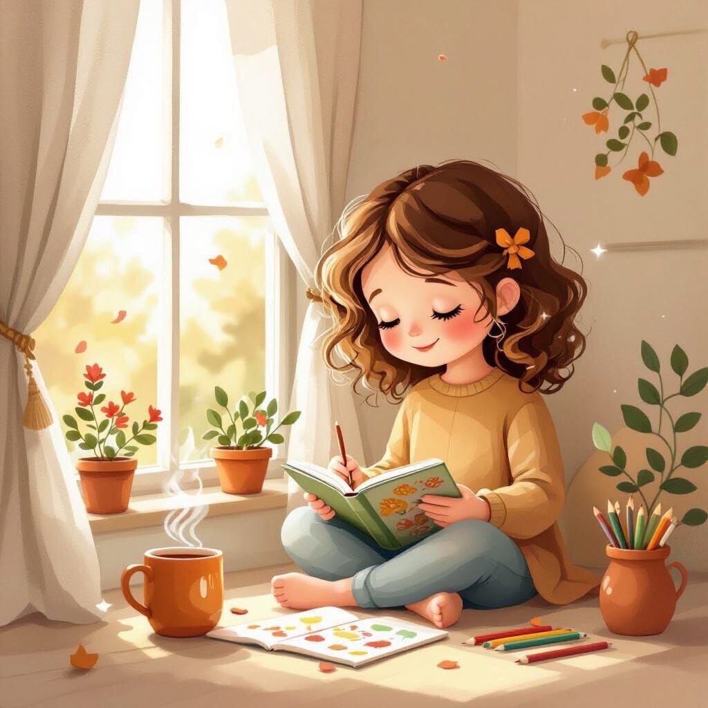 Girl Painting by Window in Whimsical Children's Book Style