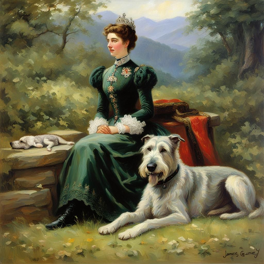 Empress Sissi Cuddling Irish Wolfhound: Oil Painting