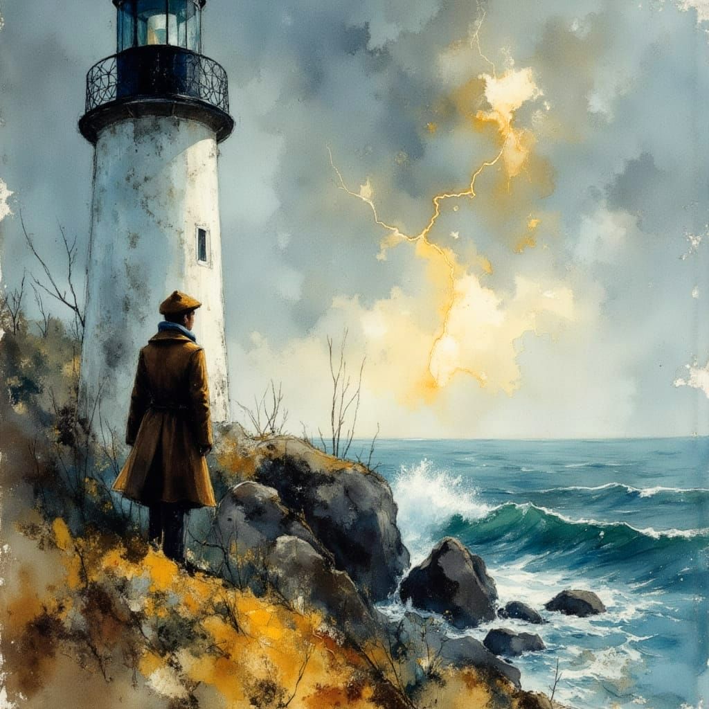 Lighthouse Keeper Gazing at Stormy Sea in Watercolor