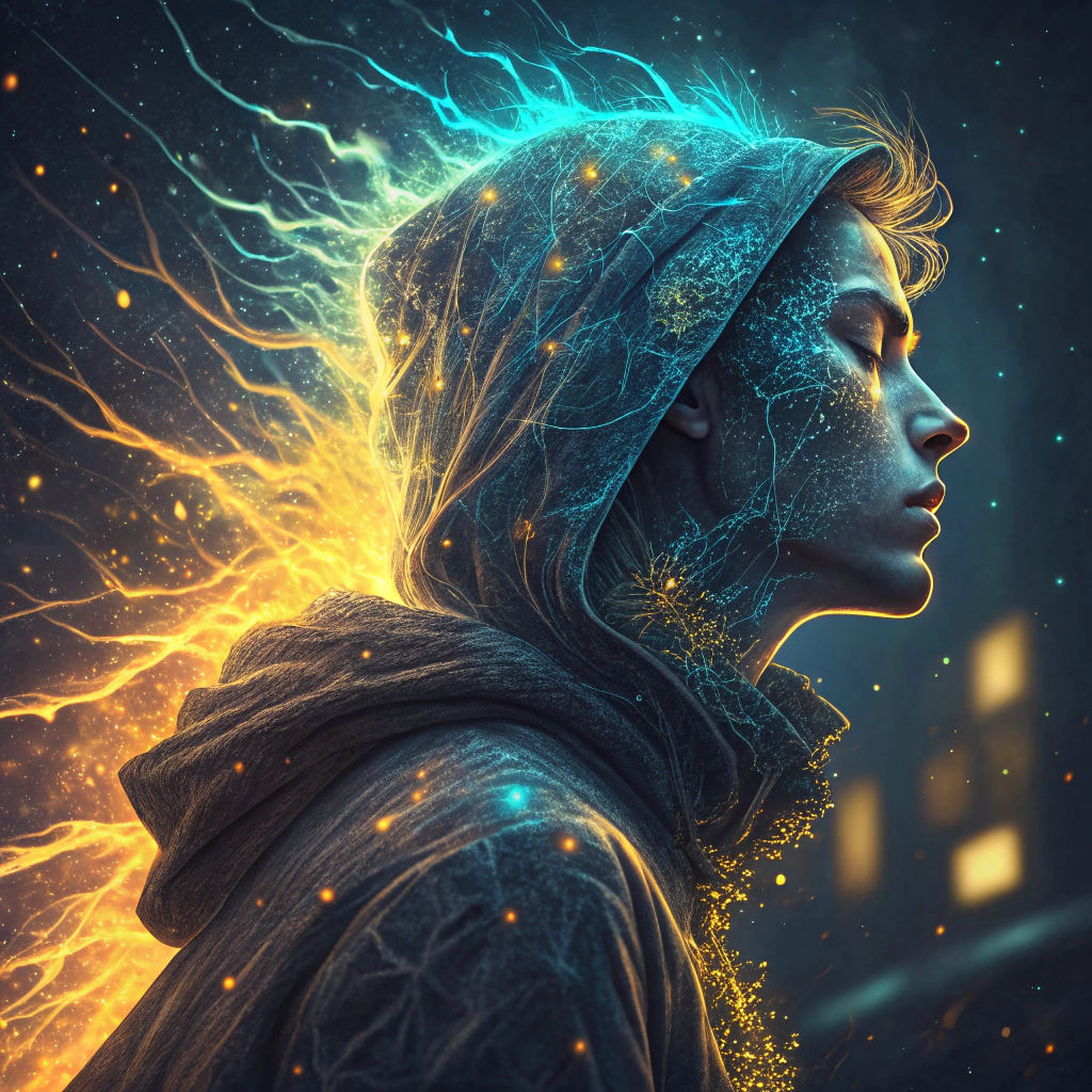 Ethereal Cyberpunk Figure in Dynamic Noise Textures