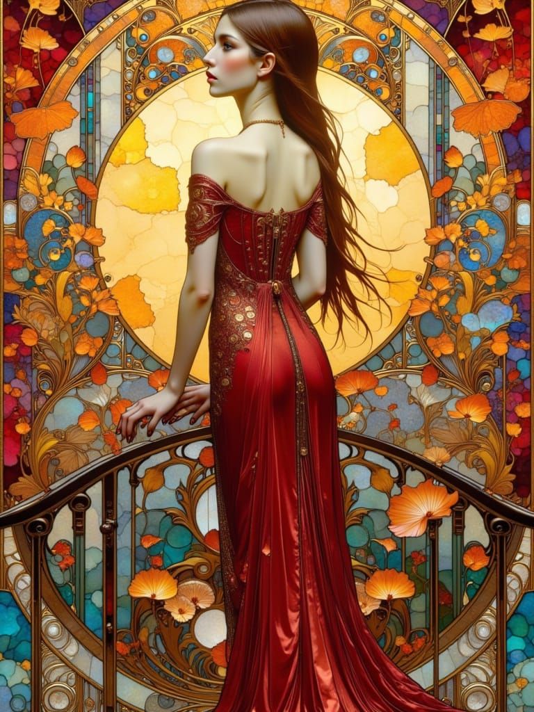 Ethereal Art Nouveau Goddess on a Seaside Balcony