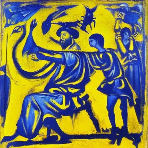 Mystical Bee and Saint in Surreal Abstract Painting