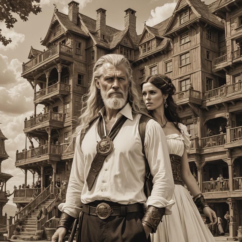 Odin, Athena, and Waverly Outside an Inn in Sepia