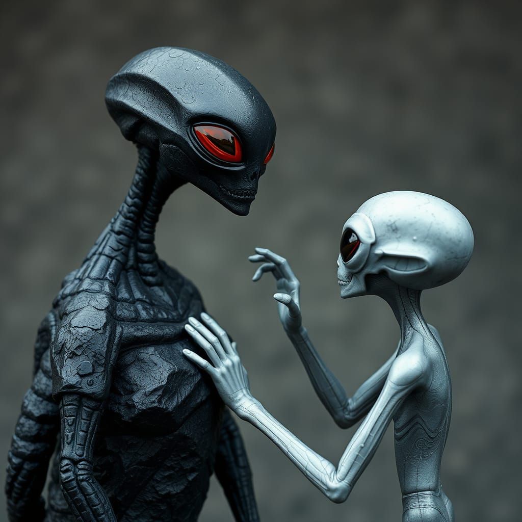 Gray Alien petting a Pet Rock Entity