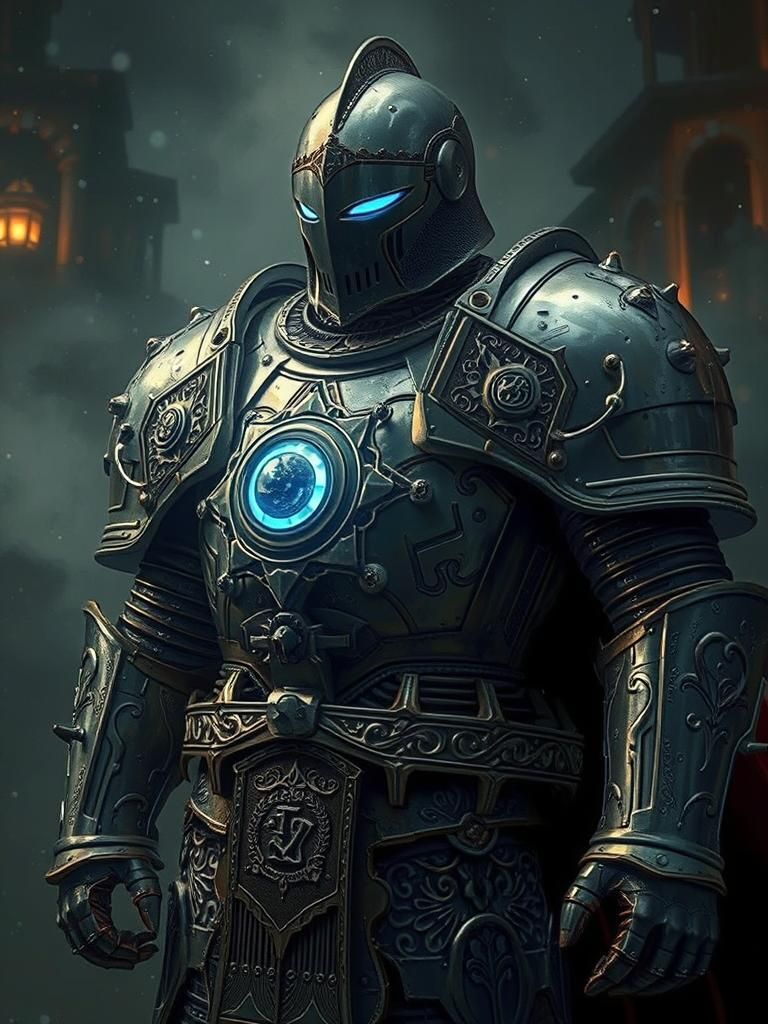 Armored Knight with Glowing Reactor in Sci-Fi Style