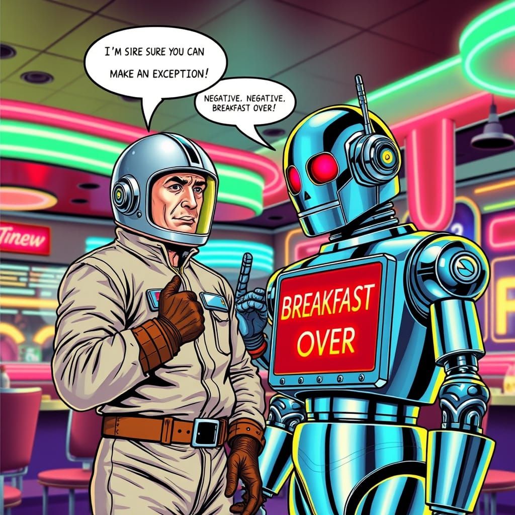 "10:29 AM. Buck Rogers, in his classic spacesuit, stands defiantly before a chrome breakfast-serving robot in a futurist...