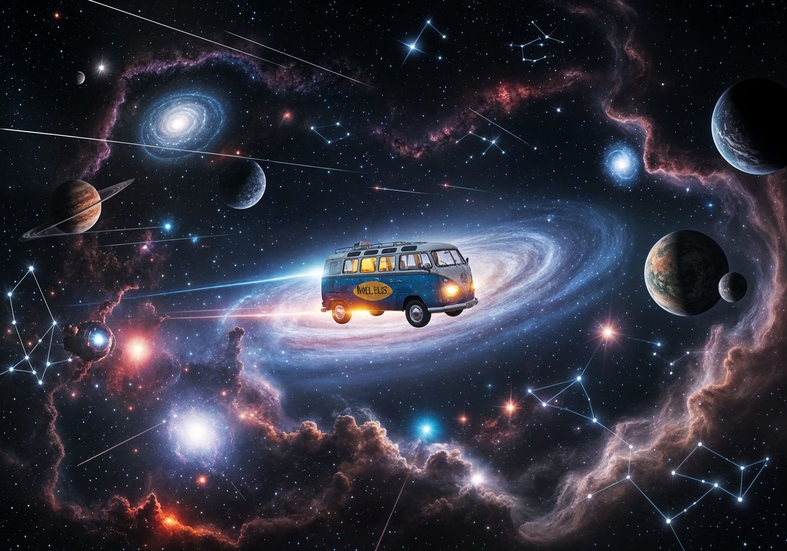 VW Bus Soaring Through a Psychosurreal Cosmos