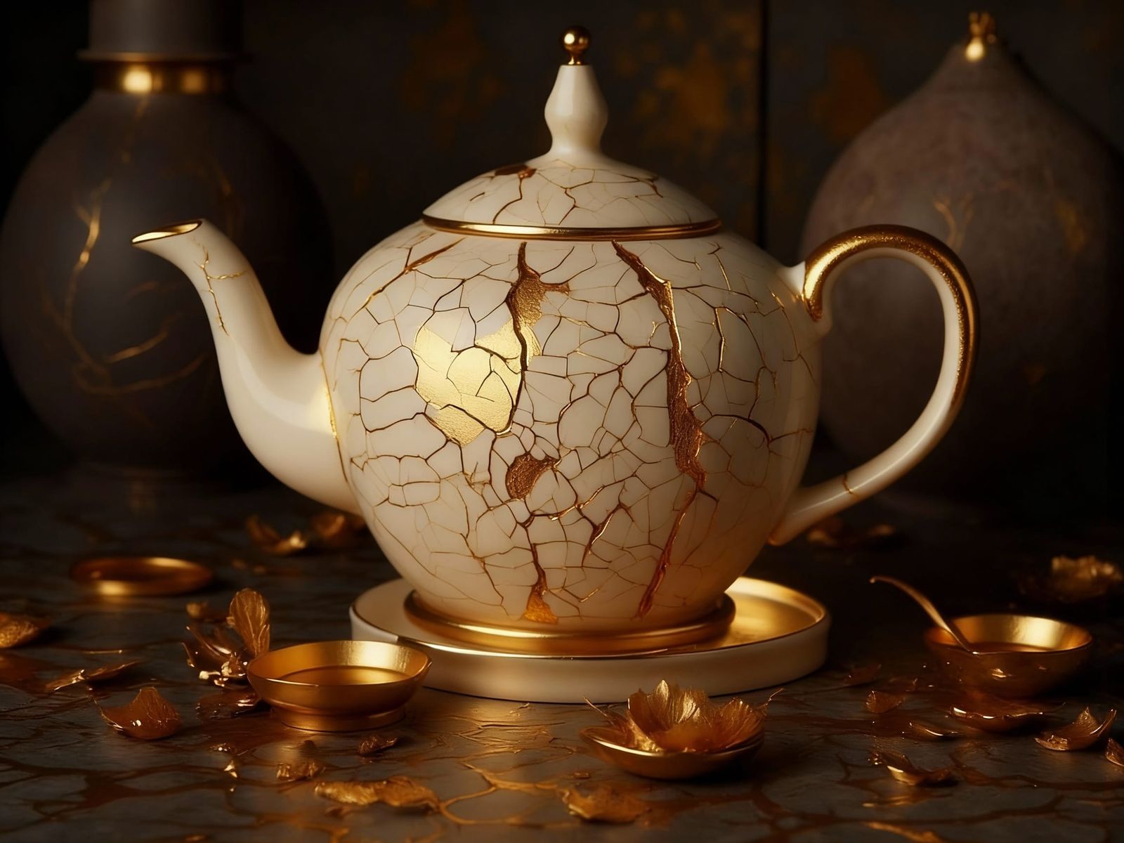 Ivory Teapot Mended with Gold in China Cabinet