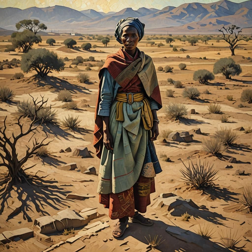African Woman in Barren Landscape, Cubist Style
