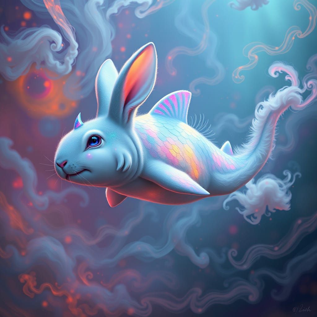 Surreal Shark-Rabbit Hybrid in Hypnotic, Dreamlike Landscape
