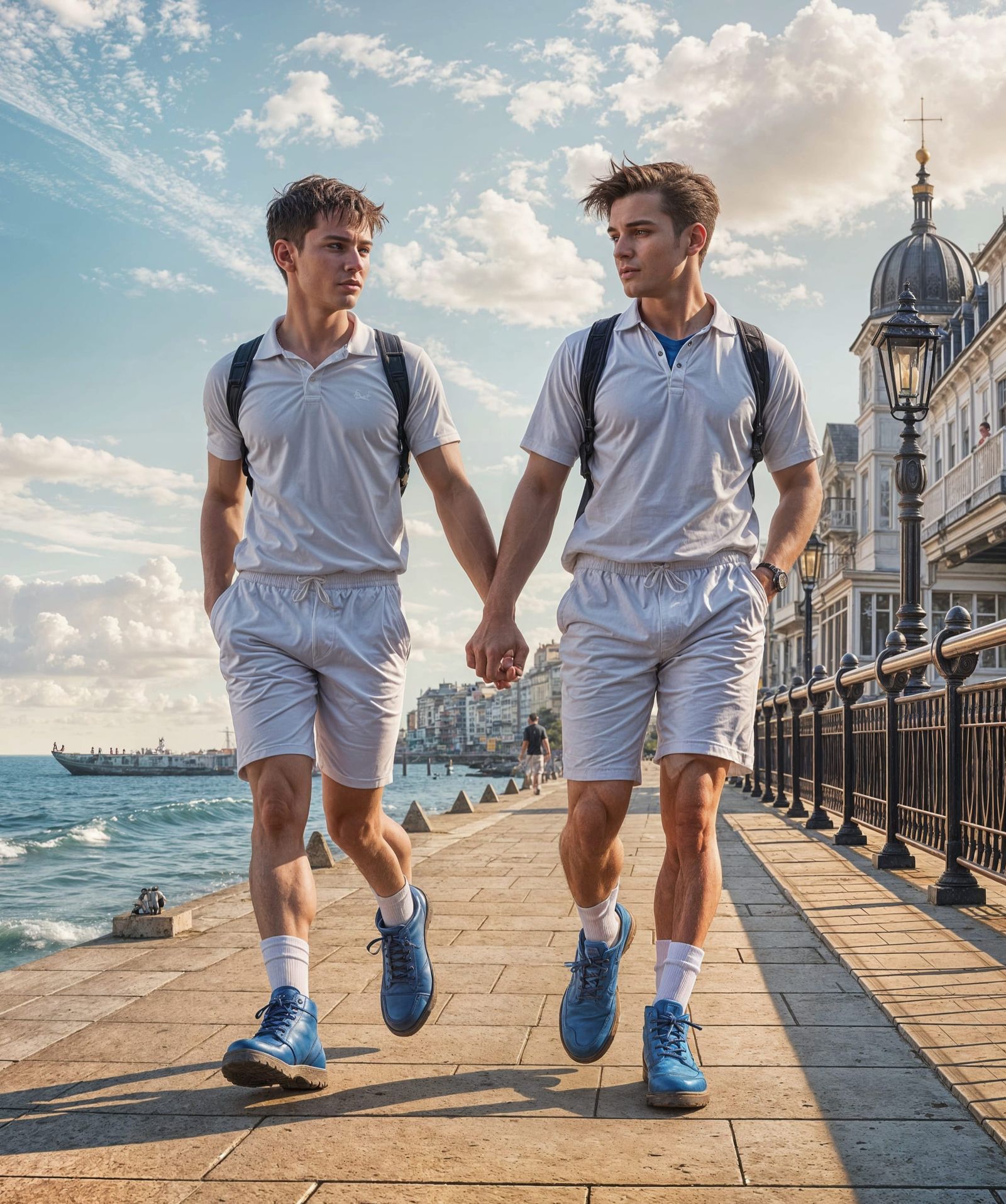Chav Lads at the Seaside in Vibrant Whites and Blues