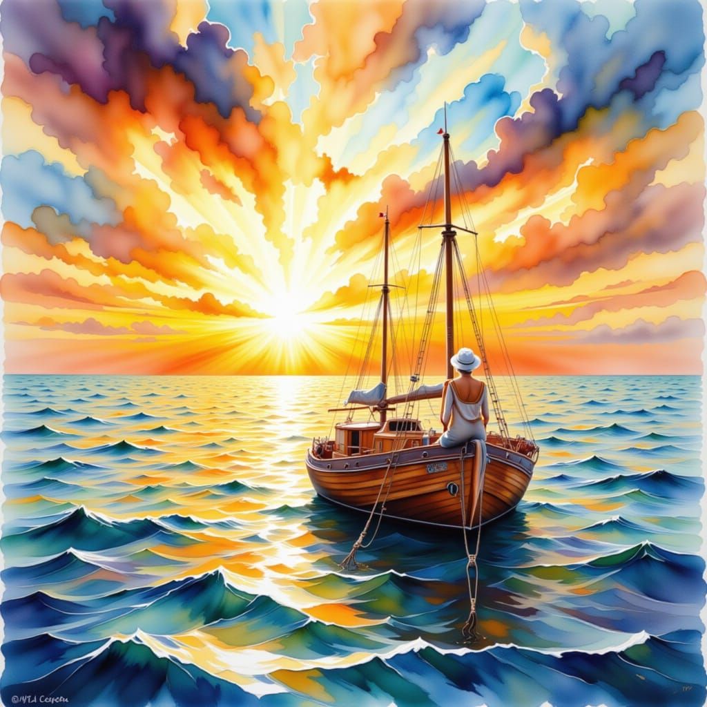 Elderly Sailor at Sunset in Watercolor Style