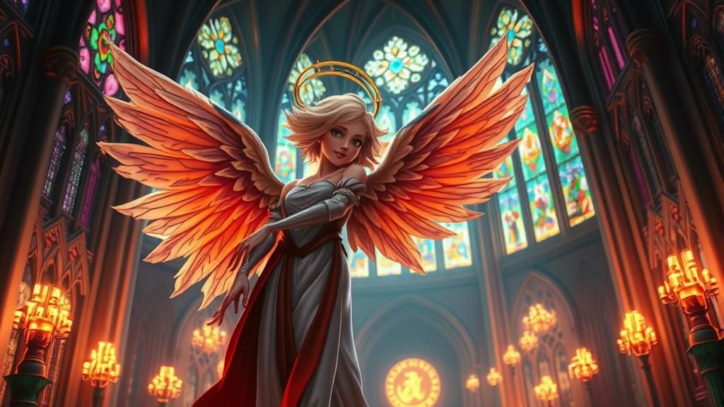 Futuristic Angel in Gothic Cathedral, Digital Oil Painting