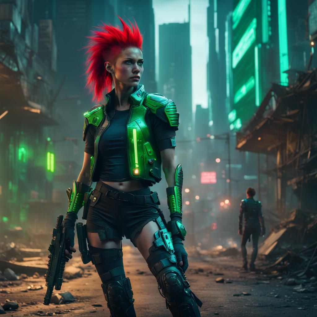 Cyberpunk Warrior Patrolling Ruined Cityscape