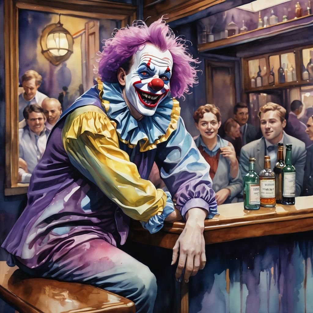 Clown's Frustration in Neo-Impressionistic Watercolour